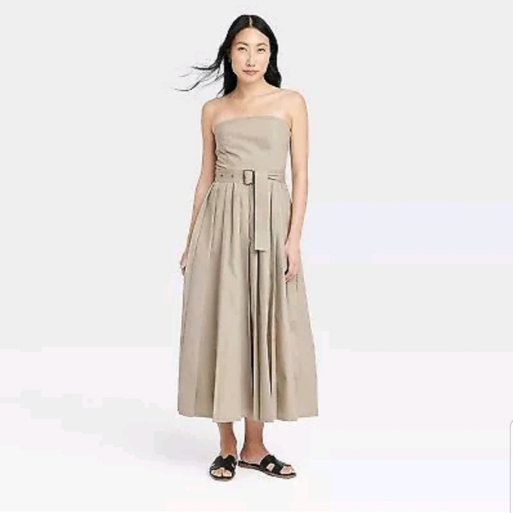 Women's Belted Midi Bandeau Dress - A New Day Khaki